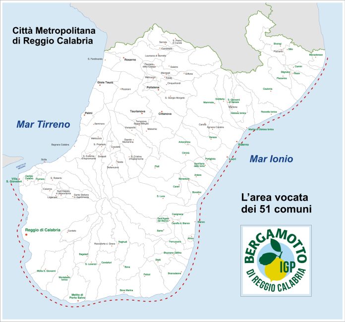 Mappa dell'area vocata dei 51 Comuni della IGP Bergamotto di Reggio Calabria